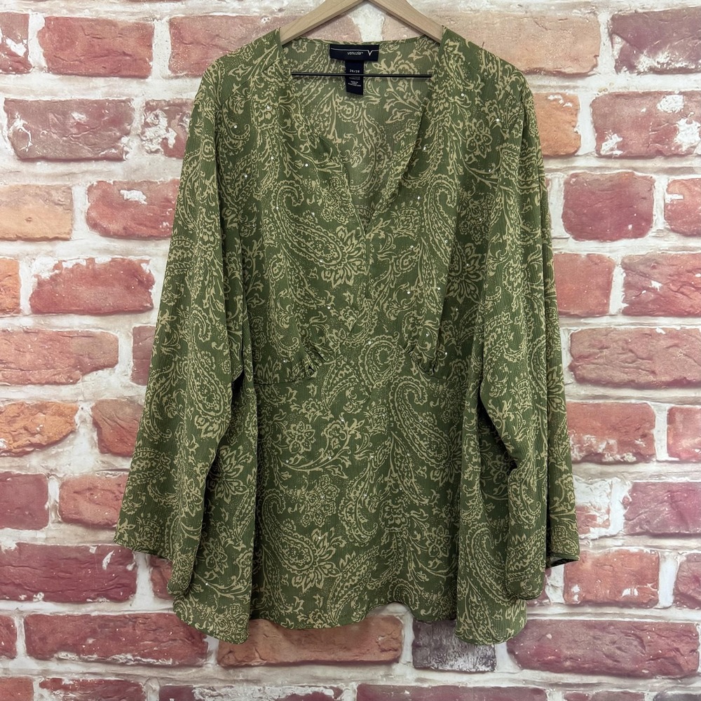 Vintage Lane Bryant Venezia Top Women's 26/28 Green Boho Floral Tie Sleeve Shirt